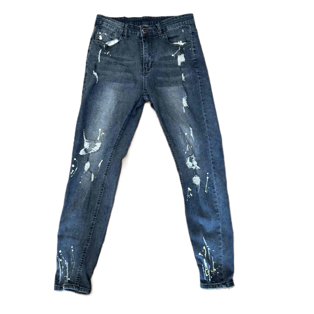 Shein Men's Skinny Jeans Paint Splatter Distressed Dark Wash Size 34